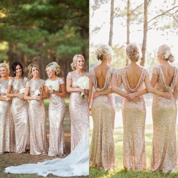 Gold Fashion Sequins Bridesmaid Dresses 2016 Jewel Short Sleeve Backless Long Bridesmaid Gown Custom Made