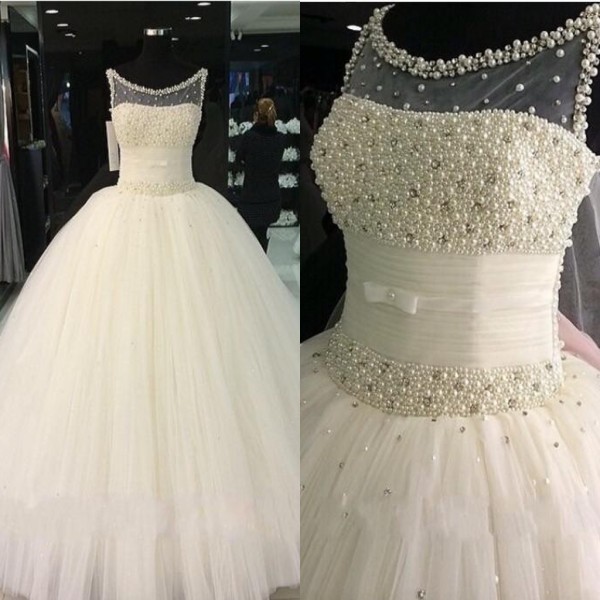 Newest Wedding Dresses 2016 Sheer Pearls Beading Ball Gown Pleats Tulle ...